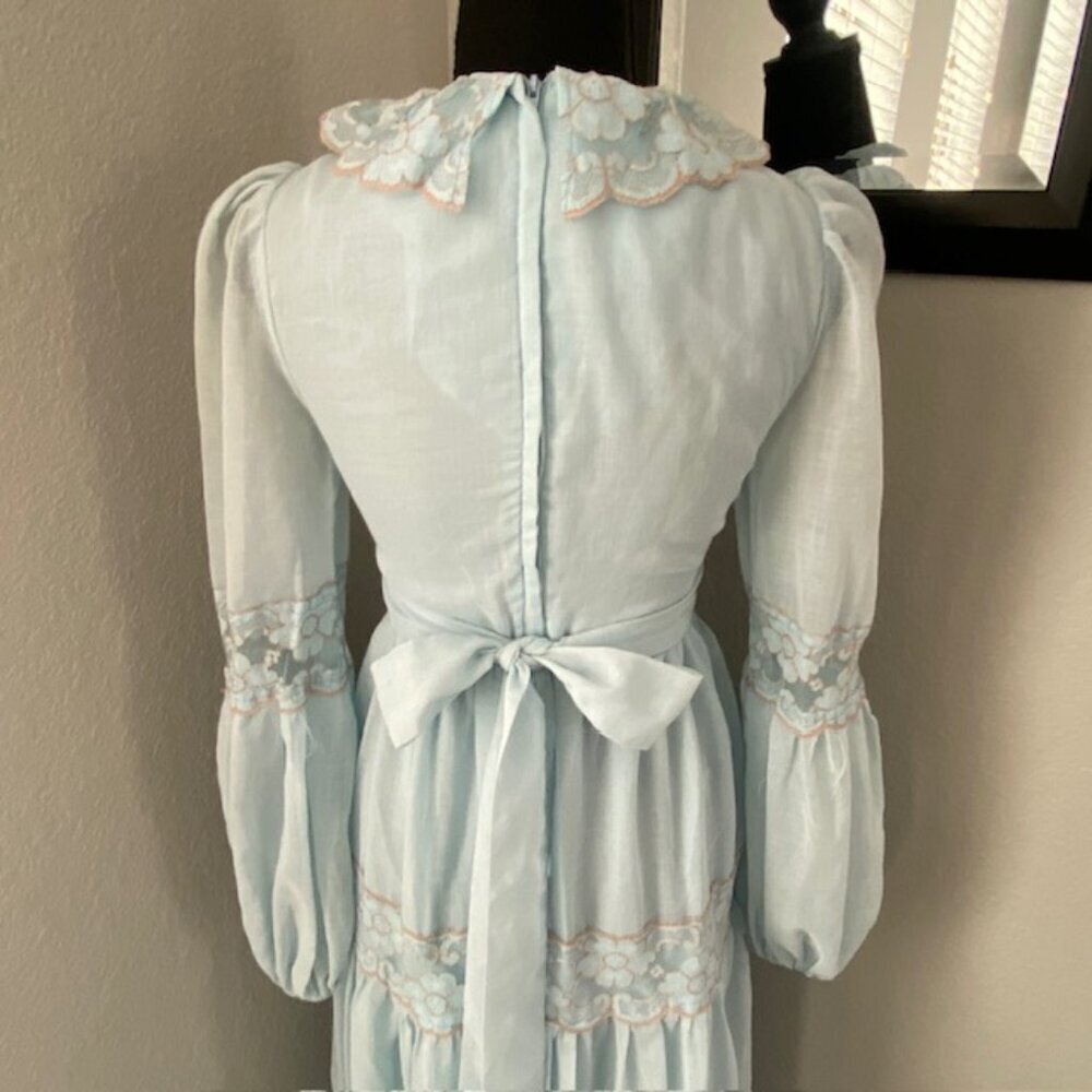 VINTAGE 70s Gunne Sax Blue Lace Long Maxi Prairie Boho Dress Sz XS - Picture 13 of 16